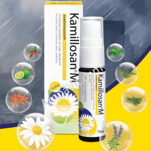Kamillosan®M Throat Spray 15ml - Natural remedy for throat inflammation and discomfort with chamomile, peppermint, and sage oils in a 15ml spray bottle