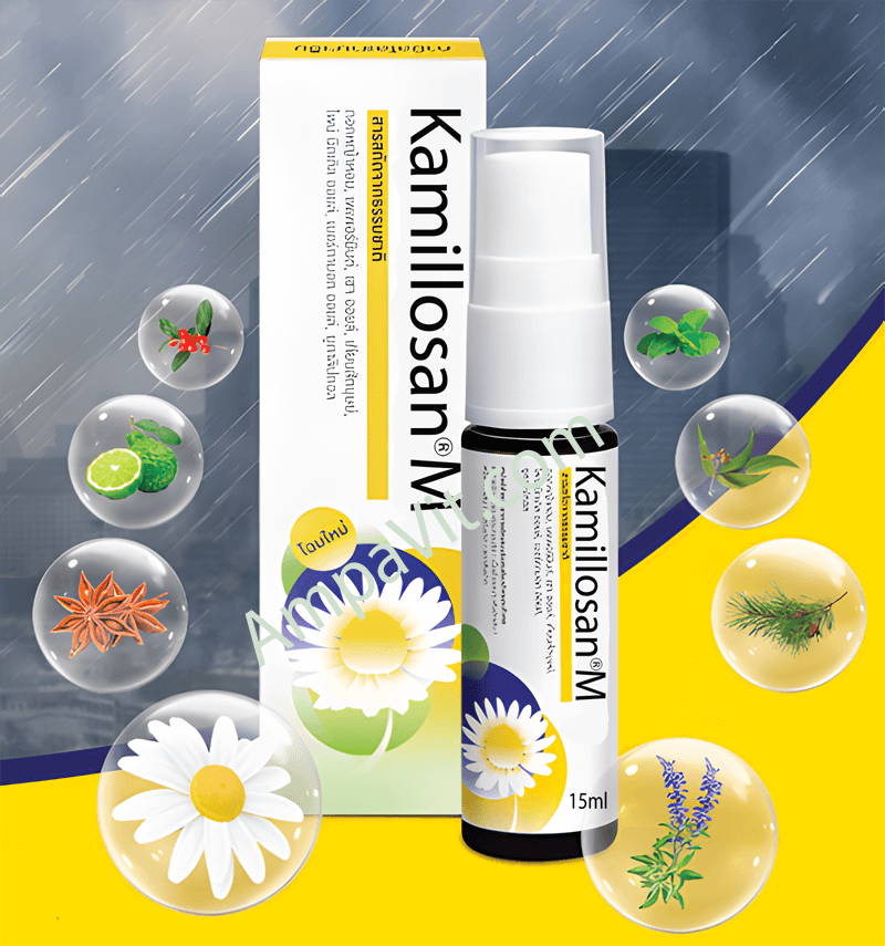 Kamillosan®M Throat Spray 15ml - Natural remedy for throat inflammation and discomfort with chamomile, peppermint, and sage oils in a 15ml spray bottle